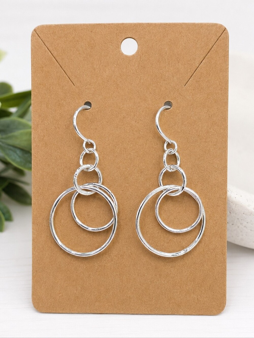 Silver Tone Interlocking Double Hoop Circle Dangle Drop Earrings Lightweight